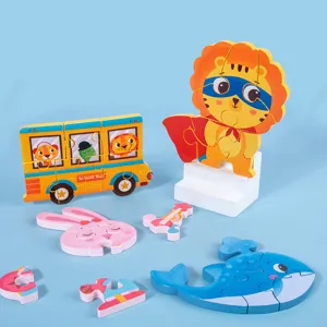 Ensemble de puzzle en bois 3D pour enfants avec animaux et bus scolaire éducatif.
