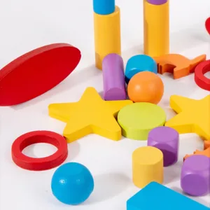 Colorful wooden geometric shape sorting building blocks set for kids early education toys.