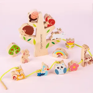 Kids Wooden Forest Balance Lacing Toy Educational Early Learning Montessori Fine Motor Skill Training Bead Puzzle Game Gift