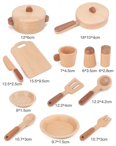 Wooden kitchen toys set for kids, natural beech wood role play cooking utensils tableware.