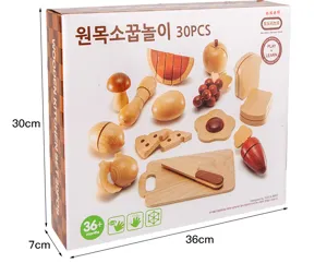Wooden kitchen play set toys 30pcs detail view showing wooden fruits and accessories inside packaging box.
