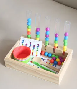 Details of kids educational bead clip toy set with wooden base and test tubes for fine motor skills.