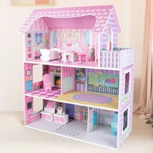 Grande maison de poupée en bois rose jouet villa avec meubles pour filles jeu et cadeau