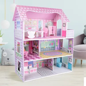 Grande maison de poupée en bois rose avec meubles, château de princesse jouet pour filles.