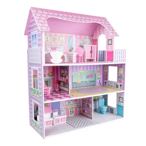 Grande maison de poupée en bois rose pour filles, villa de princesse à plusieurs étages et meubles.