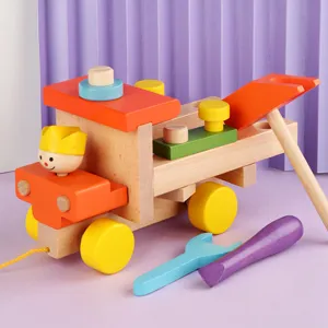 Wooden Montessori assembly nut truck toy, colorful building blocks, educational toy for kids.
