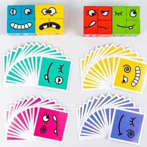 Juego de rompecabezas de cubo mágico de madera con tarjetas de expresiones coloridas para niños.