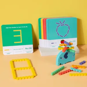 Set di blocchi puzzle di equilibrio elefante in legno con carte di sfida per bambini.