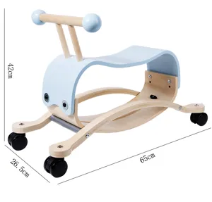 Cheval à bascule et draisienne 2-en-1 en bois pour enfants, vue détaillée avec dimensions.