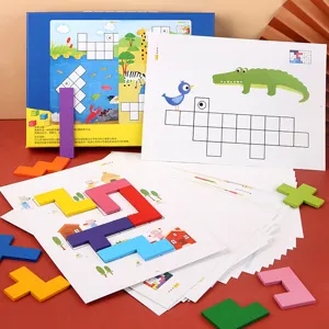 Kids wooden tetris puzzle educational toy color cognitive learning game with cards and box.