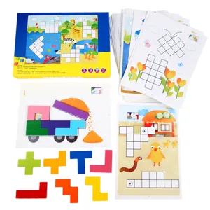 Kids wooden educational puzzle toy set with colorful geometric blocks and game cards.