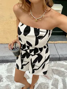 Women summer fashion strapless jumpsuit black and white abstract print sexy casual chic romper