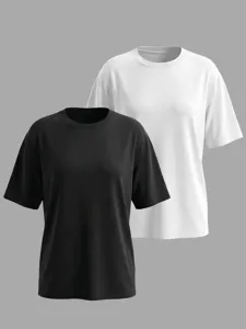 Lockerer Damen Rundhals Kurzarm Einfarbig Basic T-Shirt Zweiteiliges Set Oberteil