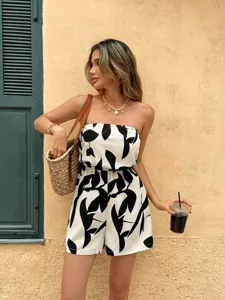 Summer women's strapless romper chic black and white floral print casual sexy short jumpsuit
