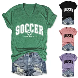 T-shirt femme décontracté à col en V et manches courtes imprimé maman de foot avec short