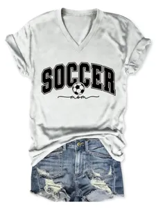T-shirt décontracté blanc à col V et manches courtes pour femme avec imprimé graphique soccer mom.