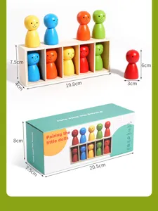 Wooden color sorting matching toy set with peg dolls and storage box for kids early education.
