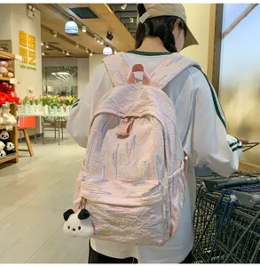 Rosa strukturierter Freizeit Rucksack fuer Damen, niedliche Mini Schultasche mit Pandaanhaenger.