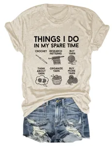 Casual women's round neck short sleeve t-shirt with funny yarn print design details.