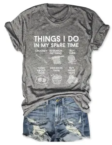 Casual grey short sleeve t-shirt featuring fun crochet themed graphic text for women.
