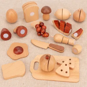 Wooden kitchen toy set for kids, simulation cutting food vegetables and fruits with cutting board.