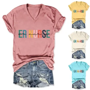 Women V-neck short sleeve T-shirt with denim shorts detail view showing multiple colors.