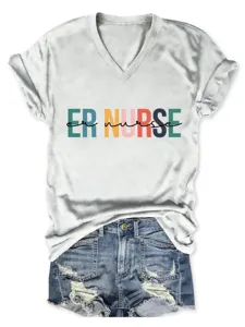 Women V-neck short sleeve T-shirt ER NURSE letter print casual summer top apparel