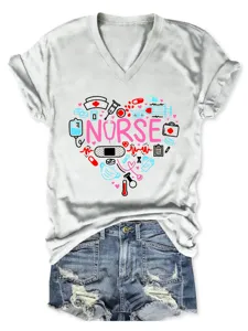 Damen Kurzarm V-Ausschnitt Krankenschwester Herz Medizinischer Druck Freizeit T-Shirt