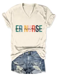 Casual women's V-neck short sleeve t-shirt with colorful letter print and stylish denim shorts.