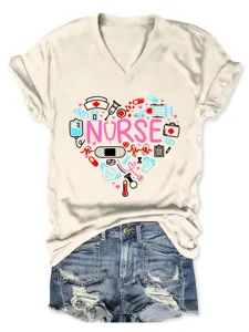Damen Krankenschwester V-Ausschnitt Kurzarm T-Shirt Niedlich Medizinische Herz Tops