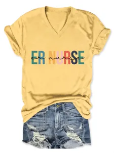Women casual V-neck short sleeve yellow t-shirt with nurse print and denim shorts.