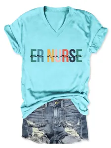 Casual light blue V-neck short sleeve t-shirt paired with stylish distressed denim shorts.