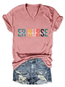 Detail view of the pink V-neck short sleeve t-shirt featuring ER NURSE graphic print.