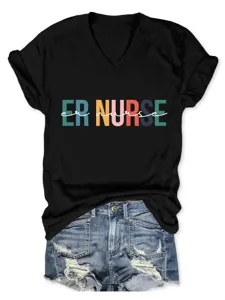 Women short sleeve V-neck t-shirt casual black top paired with distressed denim shorts stylish