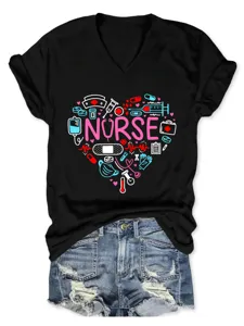 Damen Kurzarm V-Ausschnitt Krankenschwester Grafik T-Shirt schwarzes medizinisches Herz Top.