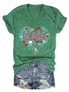 Damen Krankenschwester Herz V-Ausschnitt Kurzarm Freizeit T-Shirt Oberteil Modisch