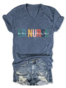 Detail shot of women's heather blue V-neck short sleeve t-shirt with nurse print.