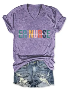 Women V-Neck Short Sleeve Casual T-Shirt Heather Purple Tee Shirt with ER NURSE Print