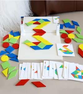 Wooden mirror tangram puzzle detail, educational geometric shapes toy with reference cards and stand.