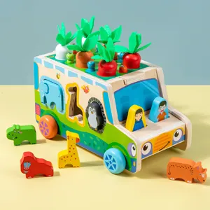Wooden multi-functional farm educational shape sorting pull-along toy car with carrots and worms