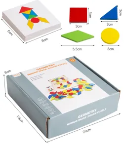 Childrens educational mirror geometry puzzle toy set with colorful wooden shape blocks