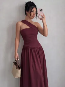 Elegant burgundy one-shoulder sleeveless pleated A-line dress for women fashion party wear.