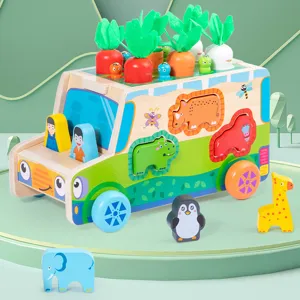 Wooden multi-functional farm shape sorting car toy with carrot pulling and bug catching games.