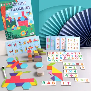 Wooden magnetic creative geometry puzzle set, early educational math learning toys for kids.
