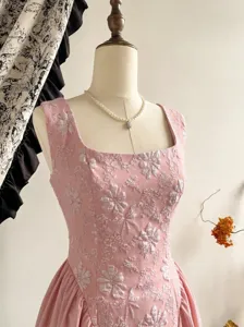 French style pink embossed floral sleeveless dress, elegant square neck midi dress for women.