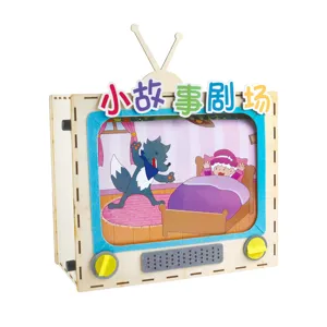 Wooden DIY story box toy, retro TV shape storytelling teaching aid for kids kindergarten.