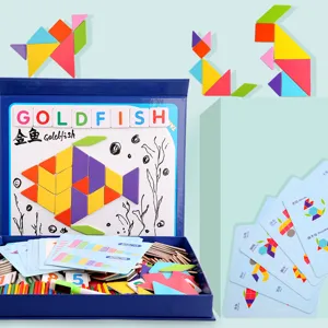 Wooden magnetic tangram puzzle set educational toy for kids math learning board.
