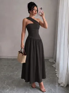 Detailed view of women's chic one-shoulder sleeveless pleated A-line maxi dress in dark grey.