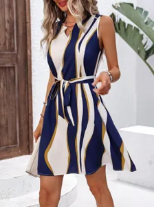 Elegant sleeveless striped mini dress featuring a stylish V-slit neck and matching waist belt.