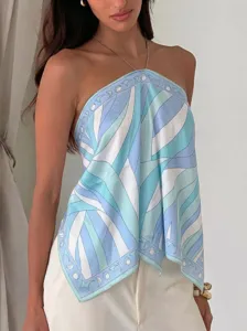 Damen Sommer Mode blau weiss bedruckt Halfter Crop Top sexy rückenfreies Seide Hemd
